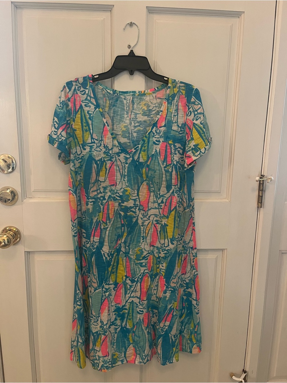 Tropical Print Short Sleeve V-Neck Coverup in Teal, Pink & Yellow